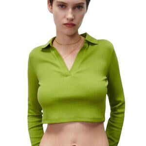 Zara Lime Green Ribbed Long Sleeve Collared Pullover Crop Top Size M Medium